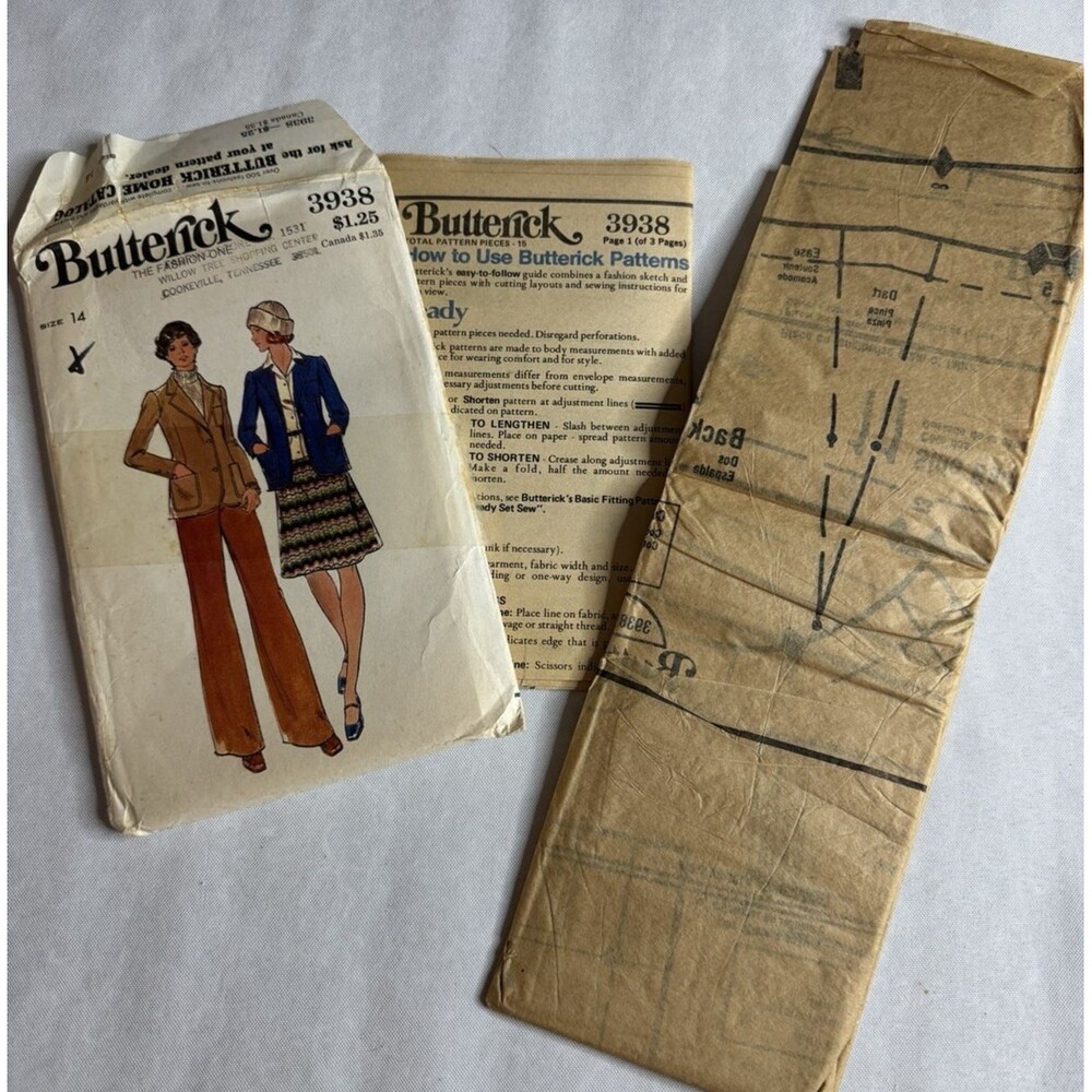 Vtg 70s Pattern 3938 size 14 Bust 36 Tunic Top Bell Bottom Pants A-Line Skirt
